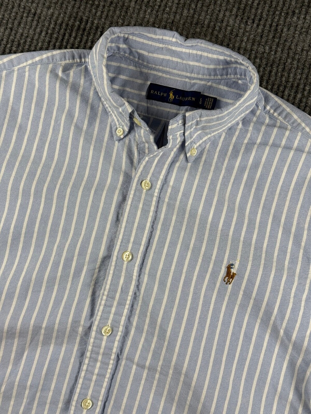 Ralph Lauren Button Up Men L Short Sleeve Light Blue White Striped Oxford Preppy